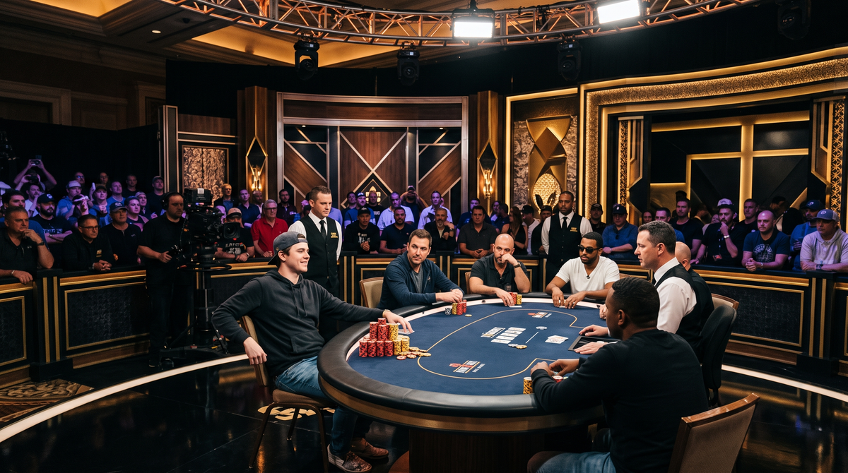 2026 WSOP Main Event final table: a young chip leader relaxes behind a huge stack under television lights in a Las Vegas ballroom