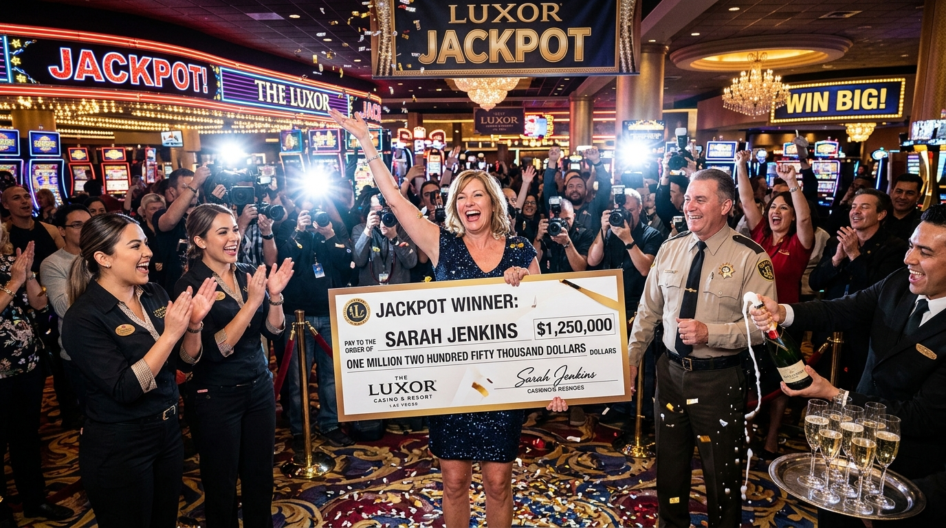 Casino jackpot winner holding an oversized cheque