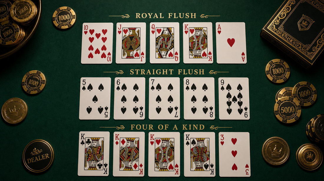 The best poker hands — Royal Flush, Straight Flush and Four of a Kind displayed on casino felt