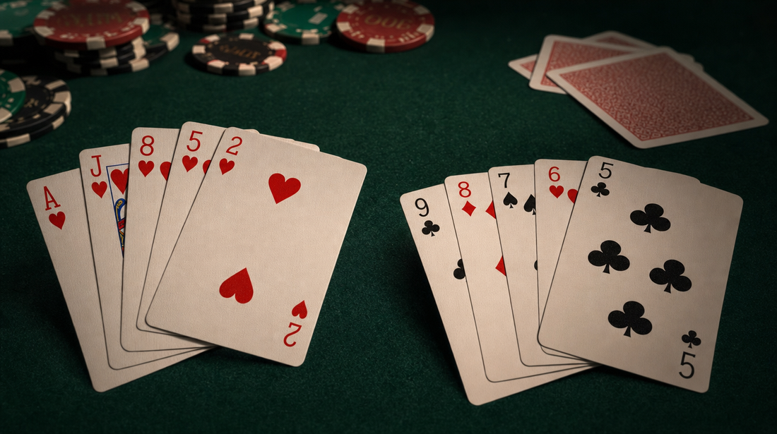 Flush hand versus Straight hand displayed on a poker table
