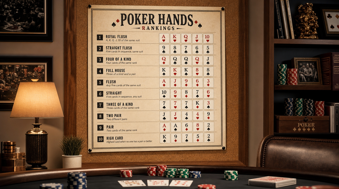 Printable poker hand rankings chart displayed in a home poker room