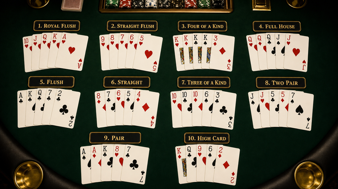 All 10 poker hands in order from Royal Flush to High Card on a casino table