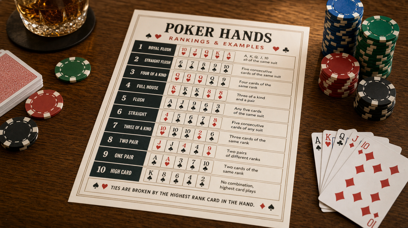 Printable poker hands chart on paper next to cards and poker chips