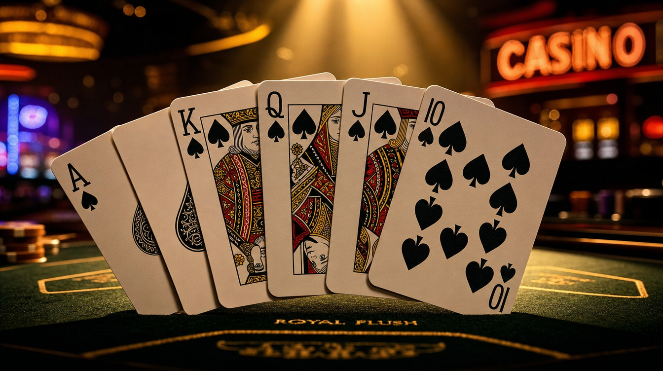Royal Flush — Ace, King, Queen, Jack, Ten of Spades on a casino table