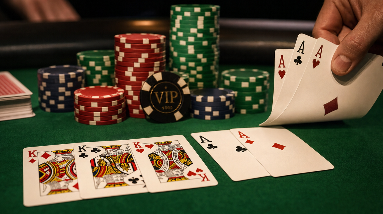 Full House hand versus Four of a Kind on a casino poker table