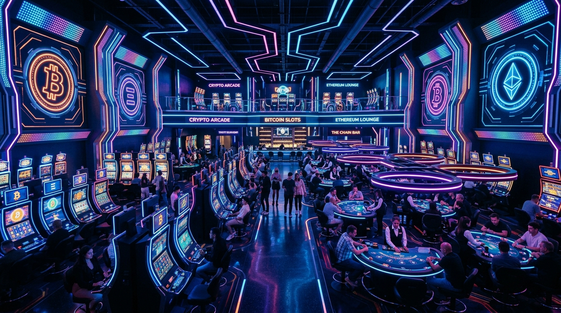 Modern crypto casino interior with Bitcoin gaming tables