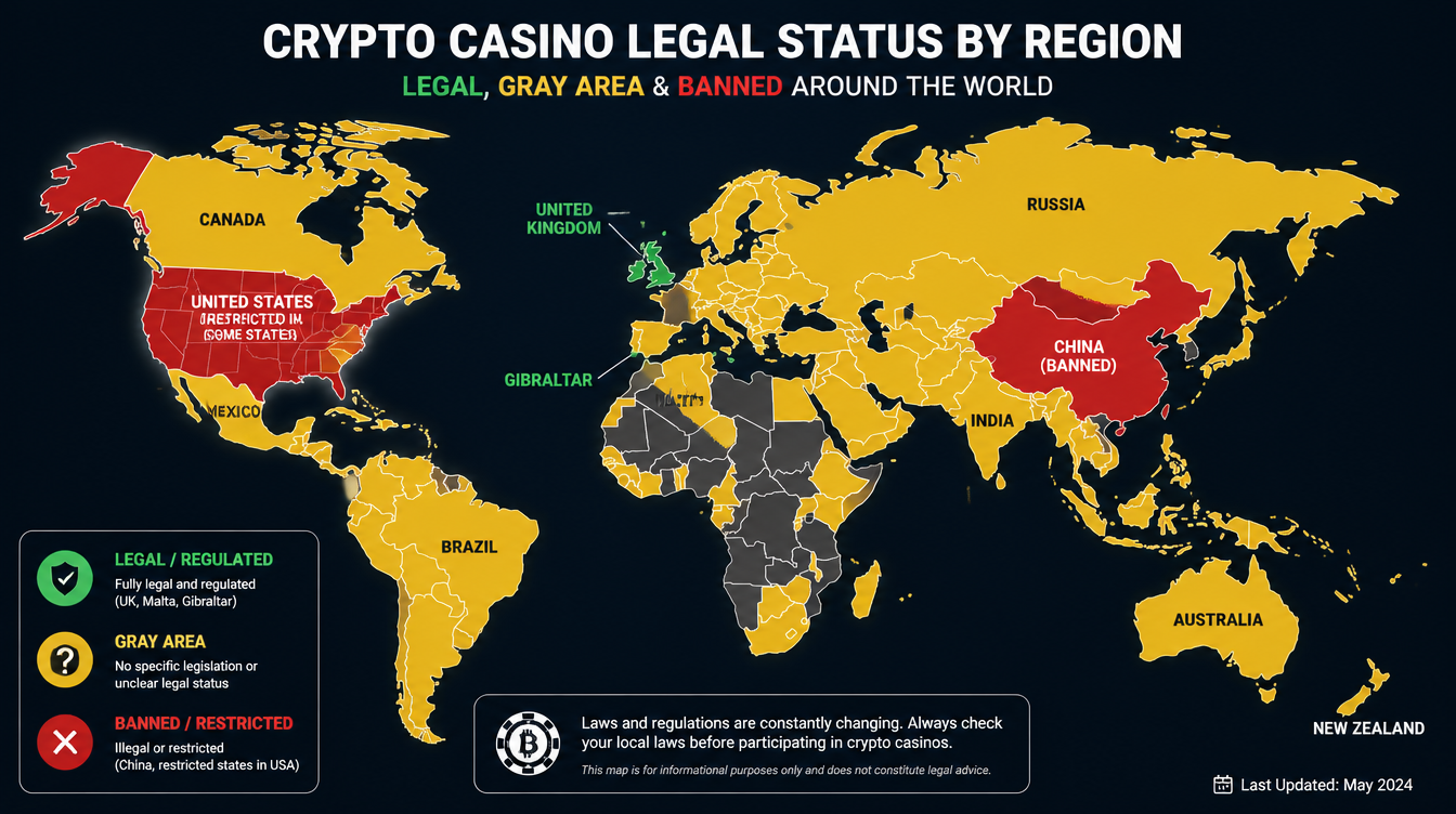 World map showing crypto casino legal status by jurisdiction