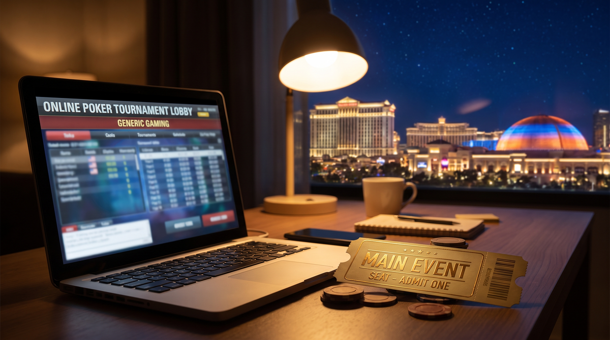 Online poker satellite qualification — laptop with tournament lobby and a golden Main Event seat ticket