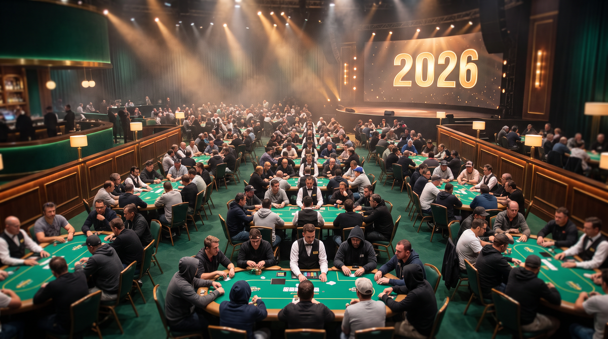 Packed poker tournament floor in 2026 — rows of tables under arena lights with a 2026 stage screen