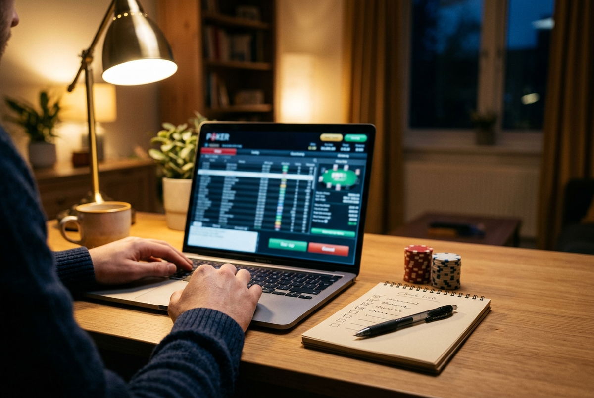 Choosing an online poker site — player comparing poker lobbies on a laptop while working through a handwritten checklist