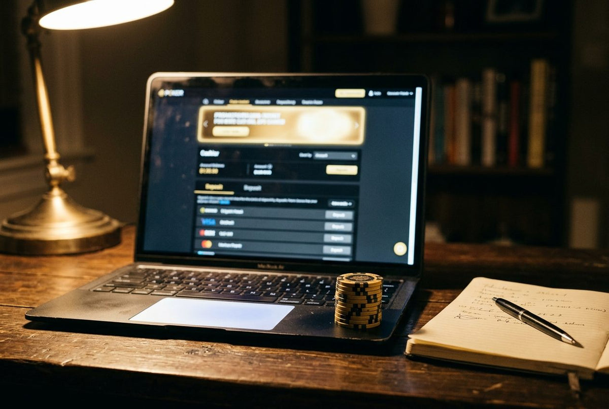 Online poker bonus offer shown on a poker site cashier screen beside a stack of poker chips and a notepad