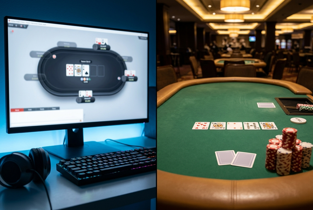 Online poker vs live poker — home online poker setup next to a live Texas Hold'em casino table
