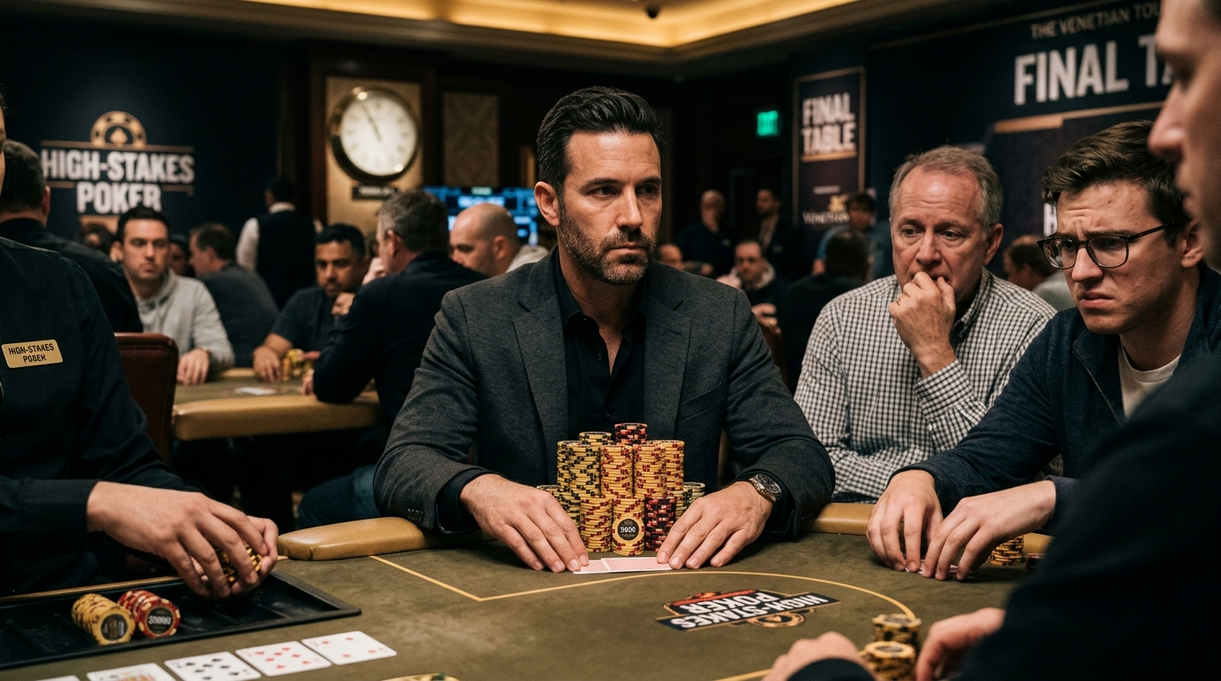Poker player with stone-cold bluff face at the casino table