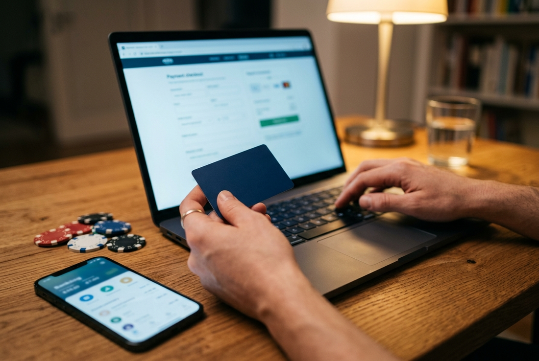 Poker deposit methods — player using a debit card and banking app to fund an online poker account