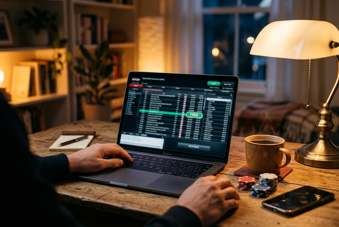 Poker freerolls — player browsing an online poker tournament lobby with a free entry event highlighted