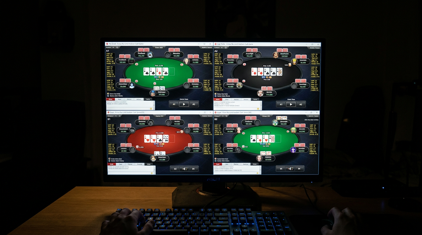 Multi-table poker HUD setup showing live stats overlay