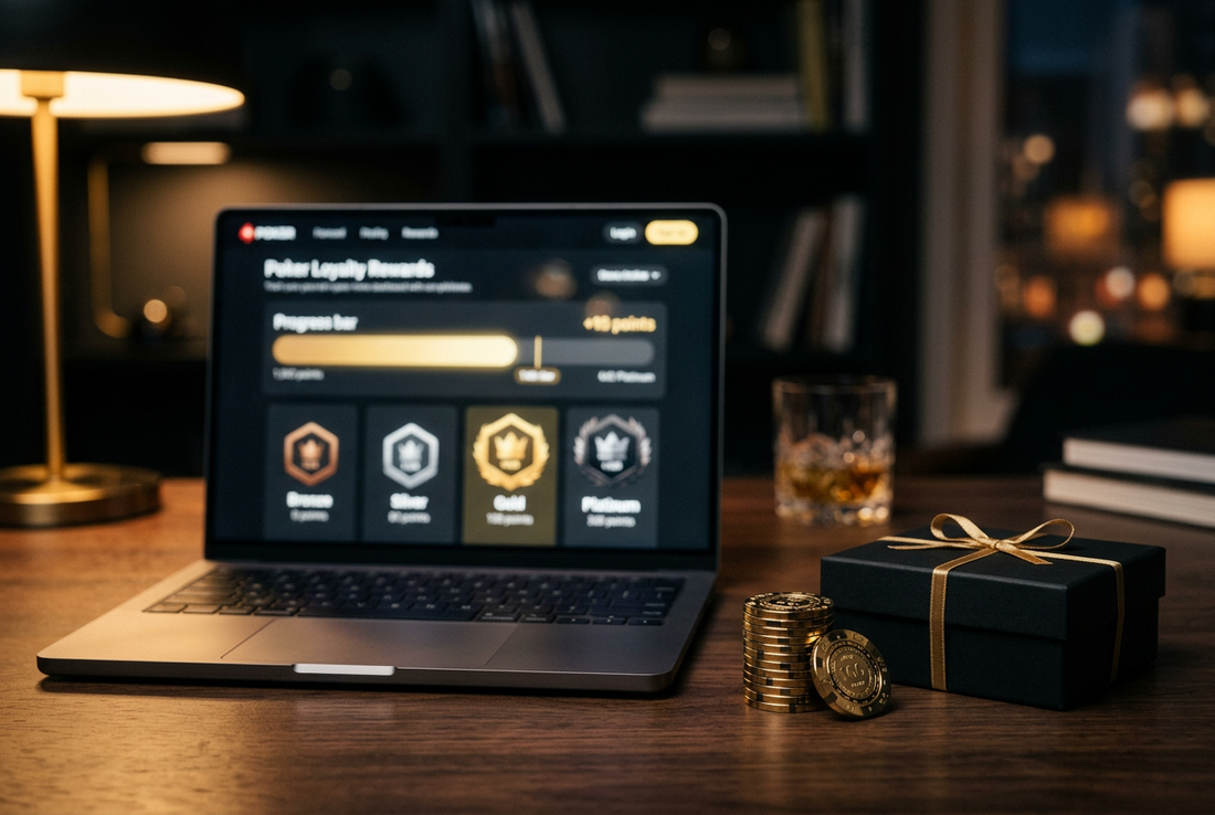 Poker loyalty programs — rewards dashboard with tier progress on a laptop beside gold poker chips and a gift box