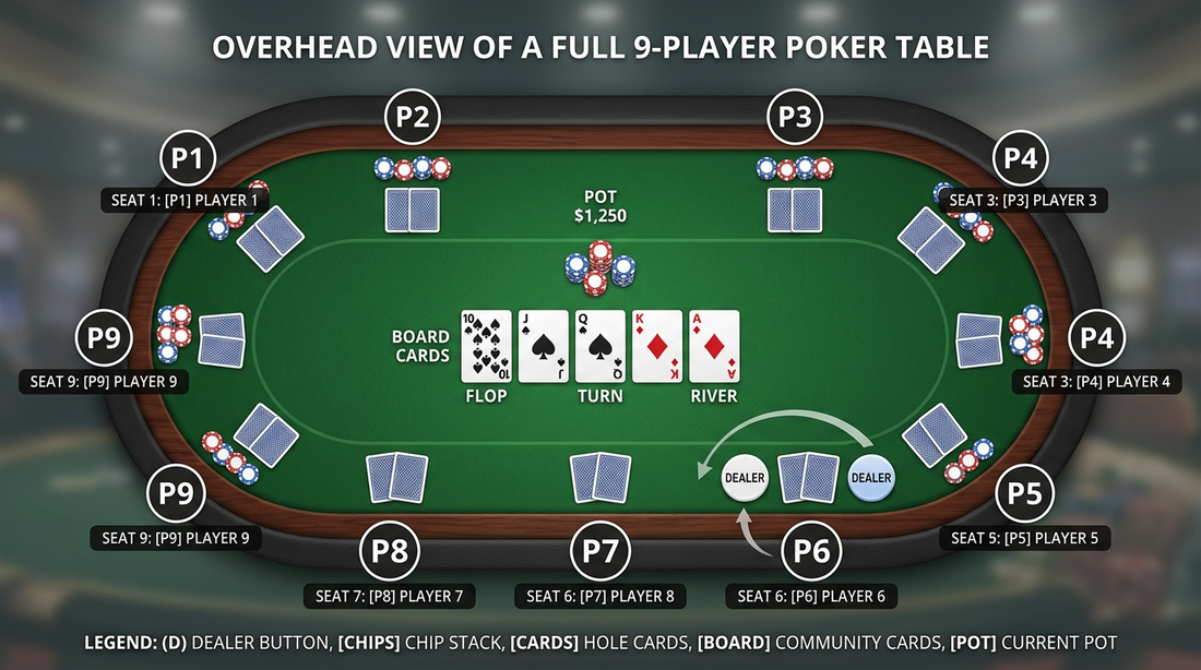 Poker table position diagram showing UTG, BTN, SB and BB seats