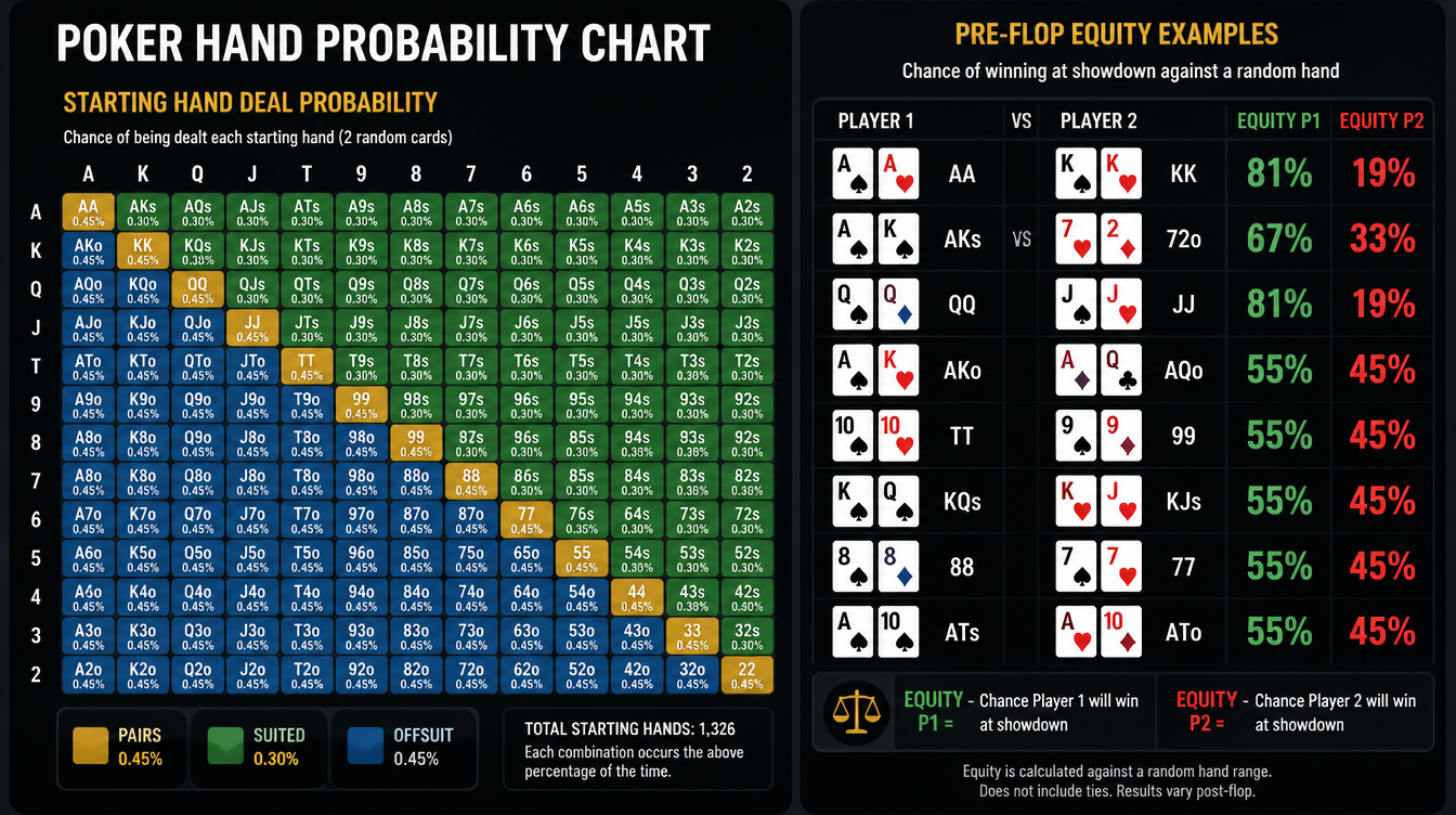 Poker probability chart showing hand odds and equity percentages