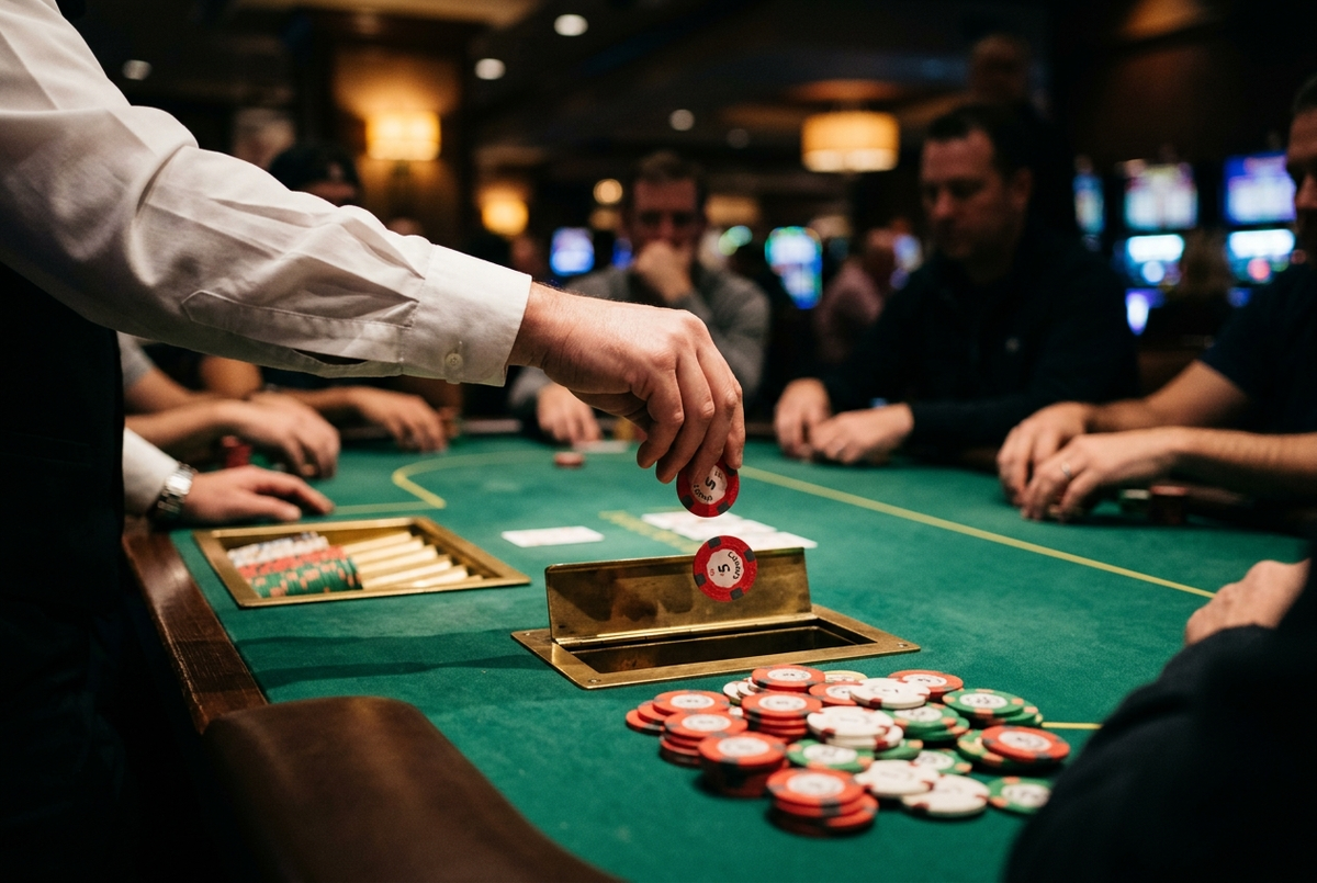 Poker rake being taken — dealer dropping chips into the rake slot on a casino poker table