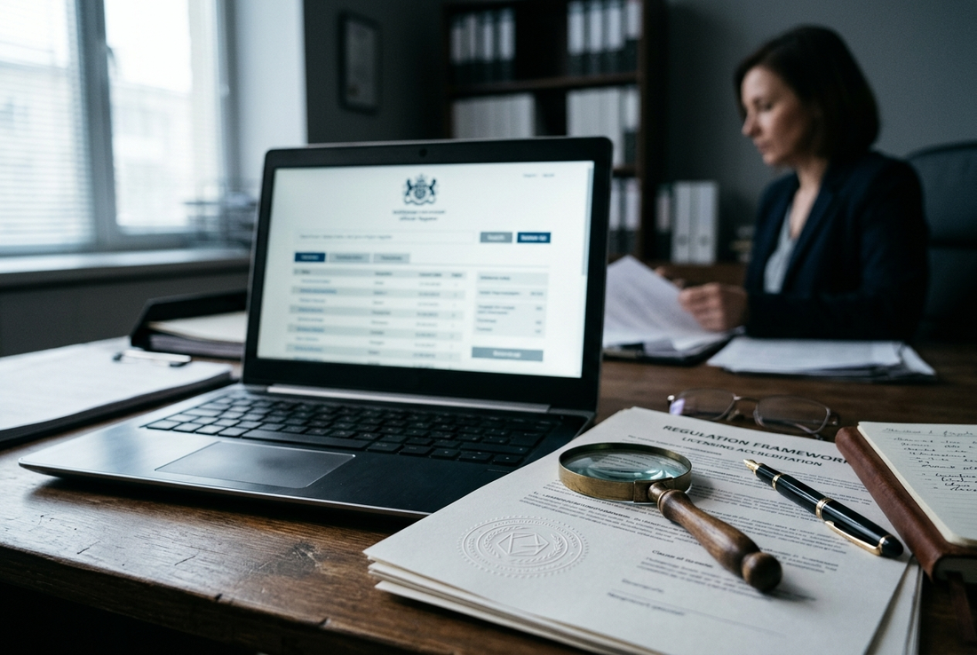 Poker site licensing — checking an operator against a gambling regulator's public register beside licensing documents
