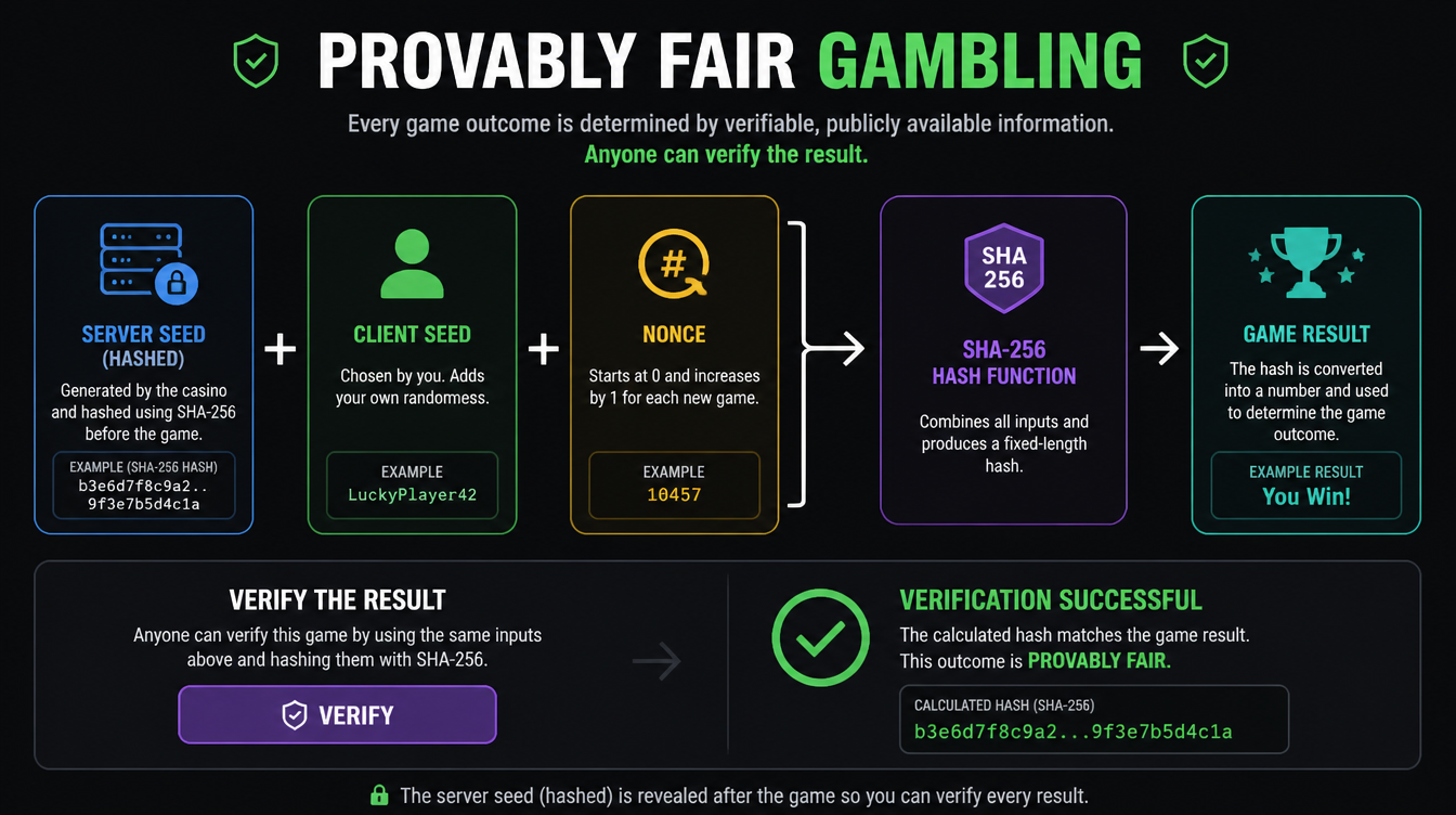 Provably fair gambling diagram showing cryptographic seed verification
