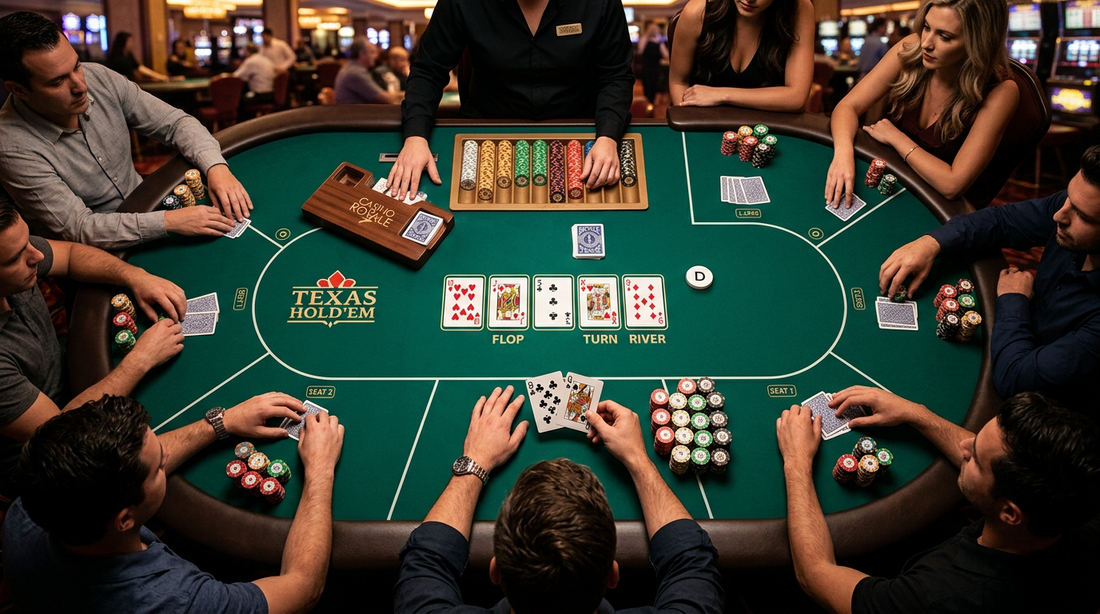 Texas Hold'em poker table overview with positions and dealer button