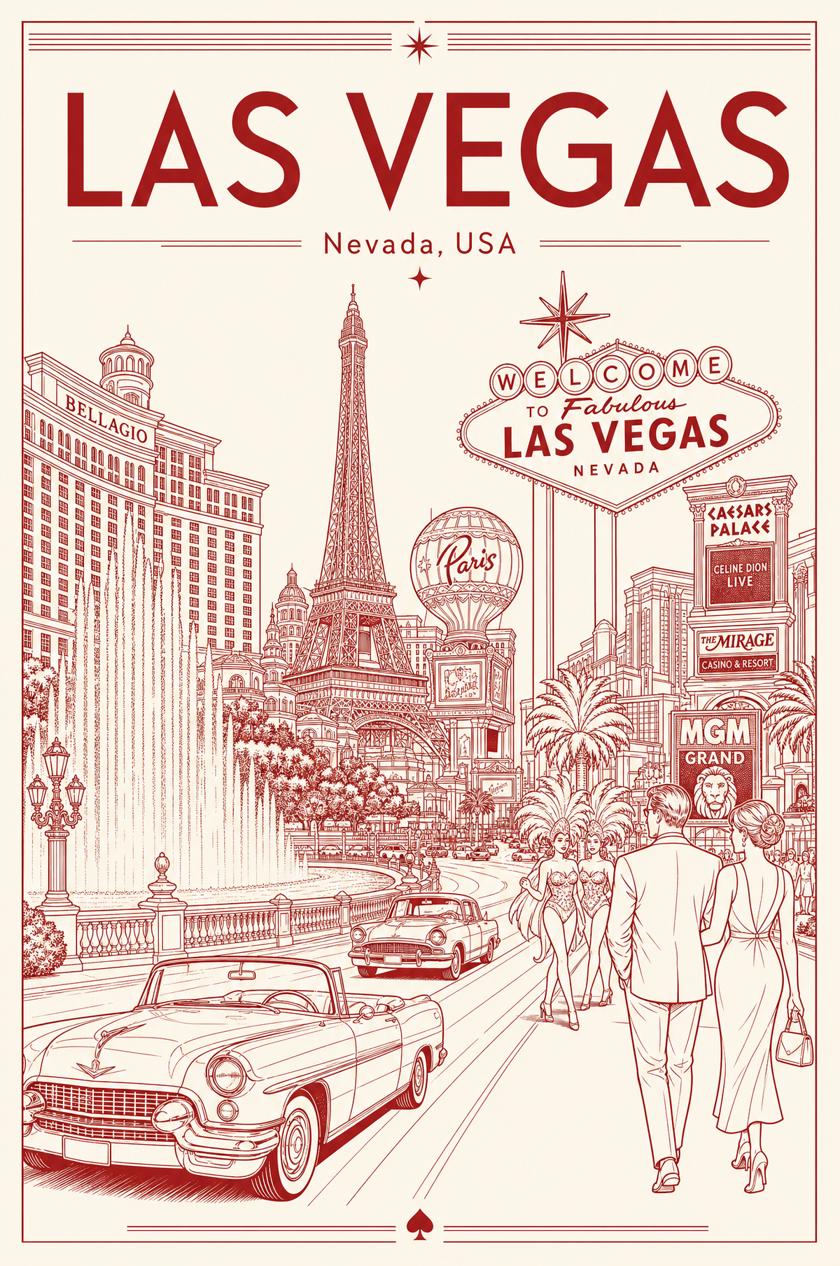 Las Vegas Casino Lineart Travel Poster – Digital Download
