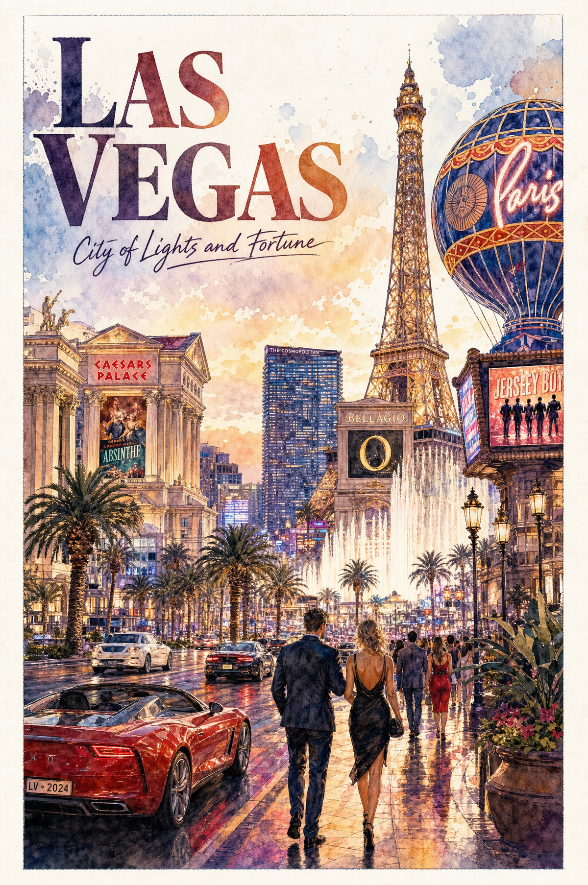 Las Vegas Casino Watercolor Strip Art – Digital Download