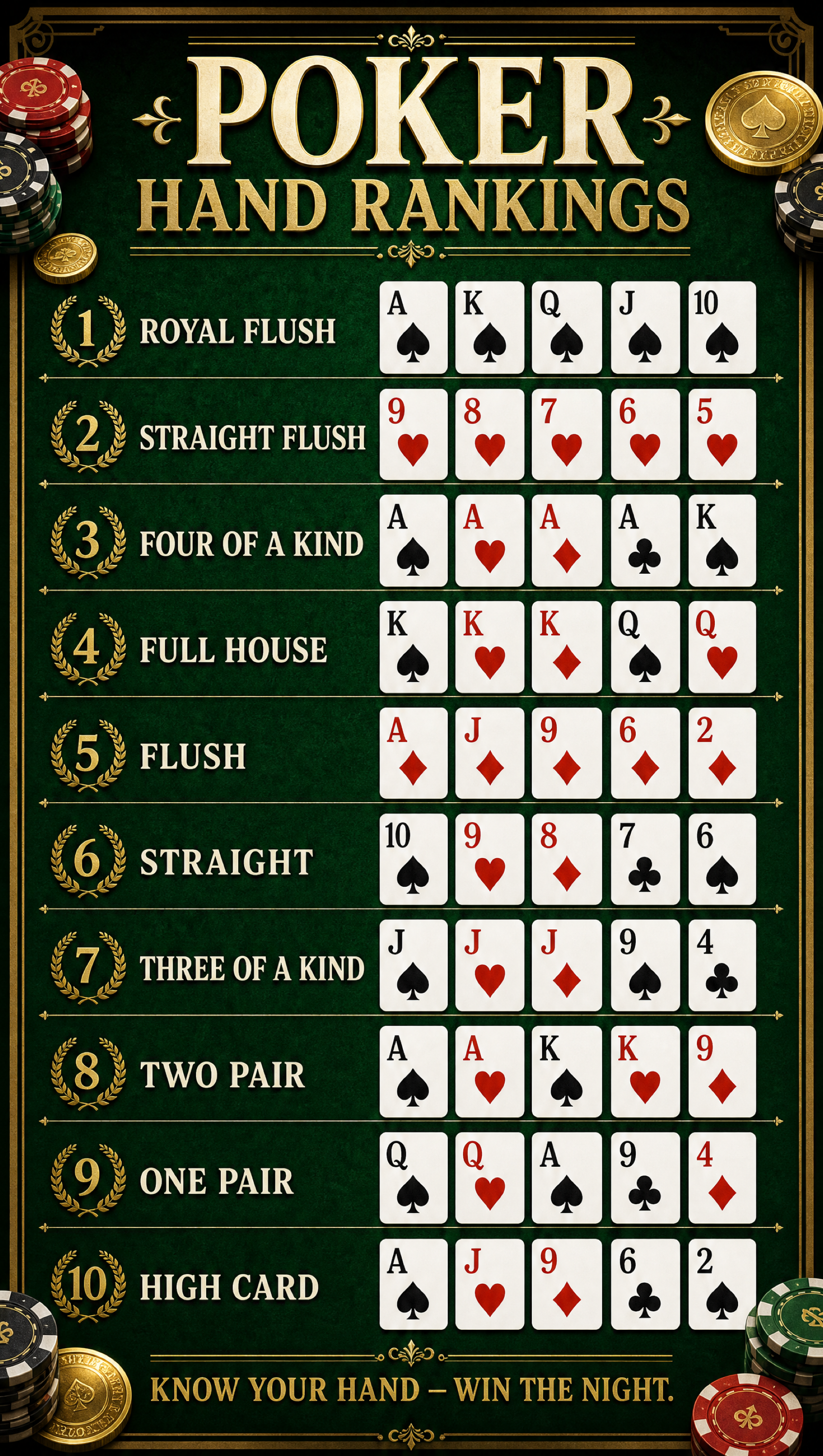 Poker Hand Rankings – Casino Felt | Printable Cheat Sheet