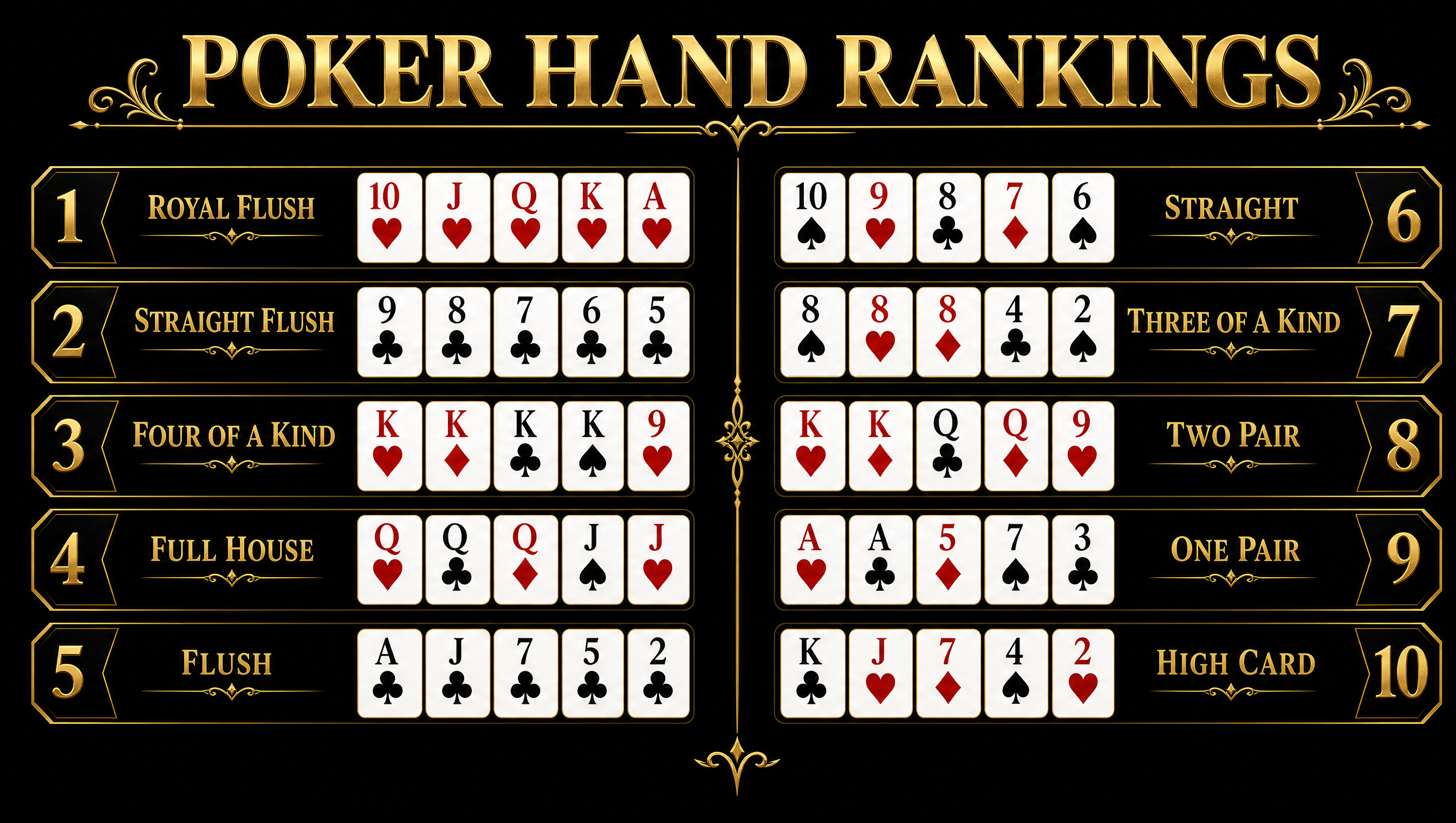 Poker hand rankings dark gold desktop wallpaper — 16:9 HD