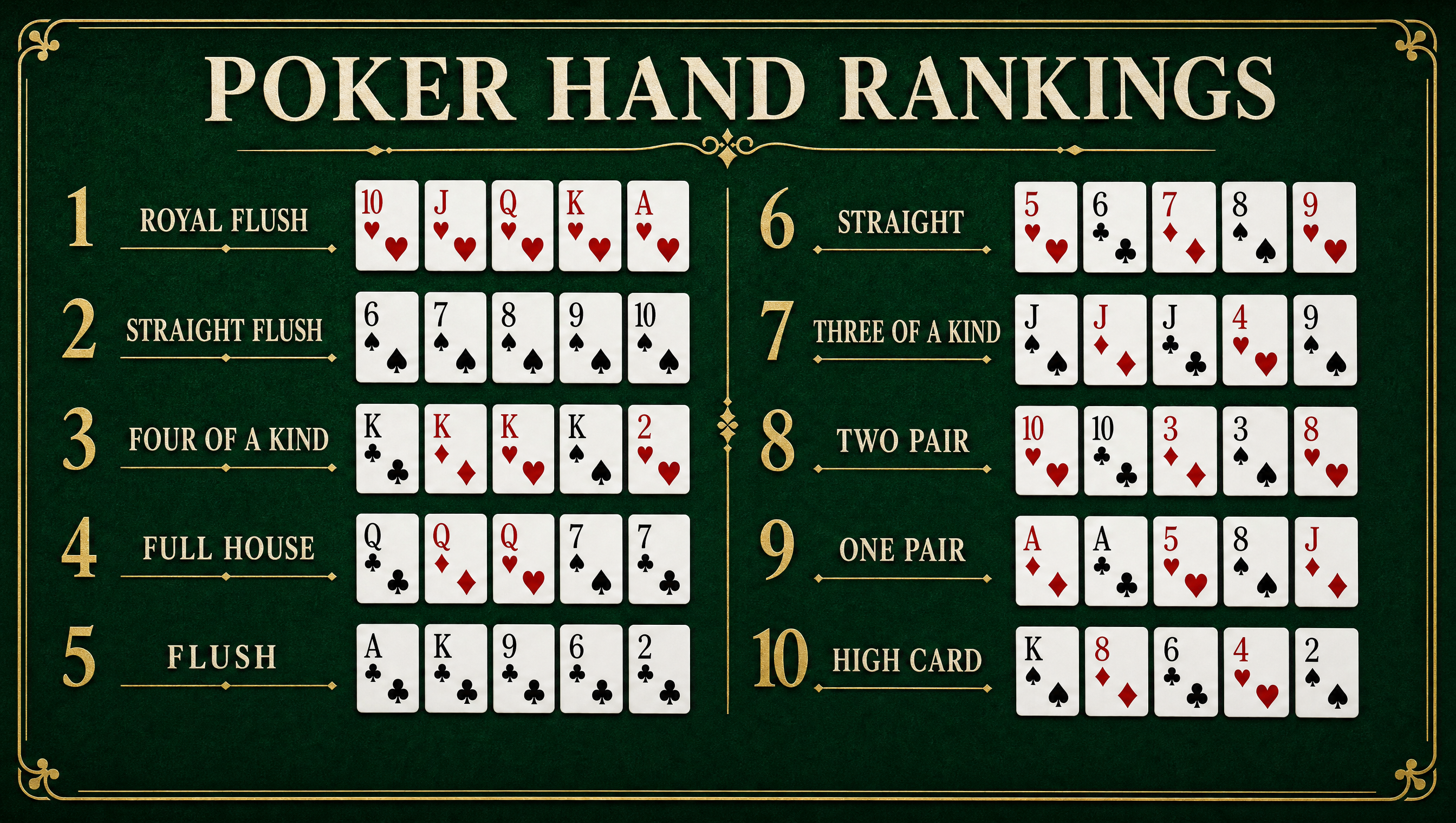 Poker hand rankings casino felt desktop wallpaper — 16:9 HD