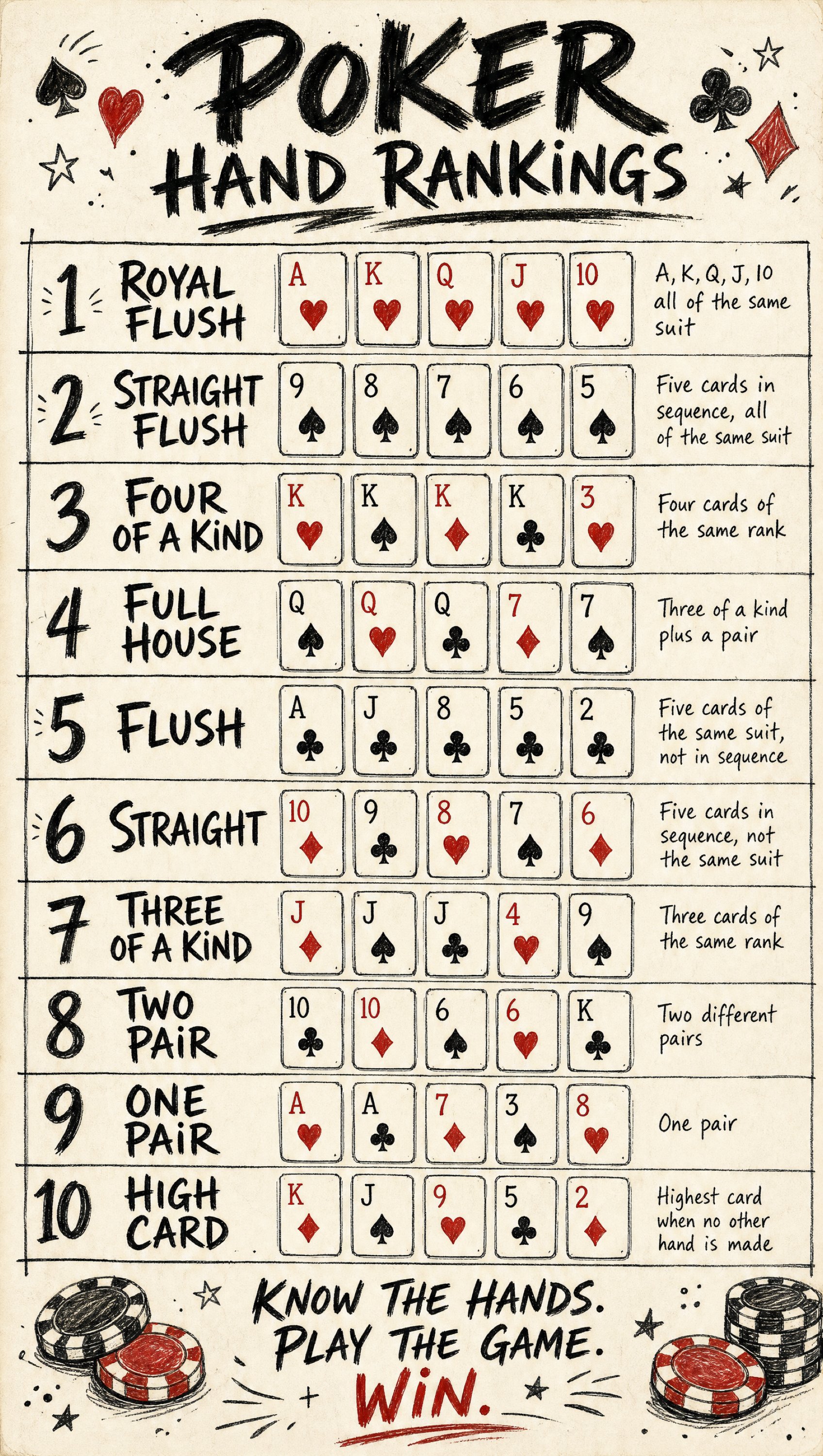 Hands in Poker – Hand Drawn | Printable Cheat Sheet