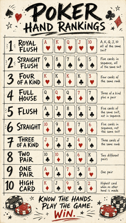 Hands in Poker – Hand Drawn | Printable Cheat Sheet