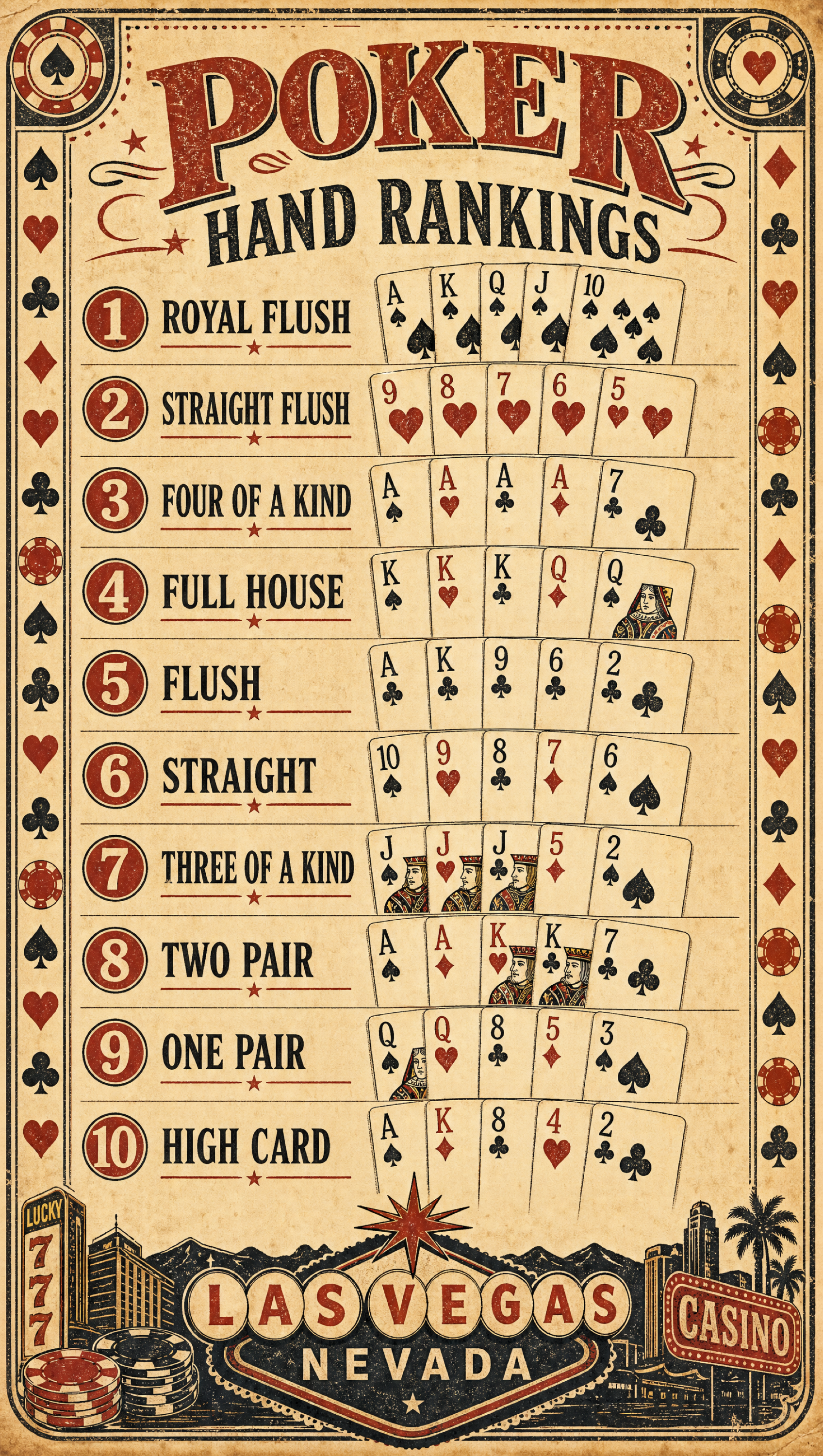 Poker Hands Order – Vintage 1950s | Printable Cheat Sheet