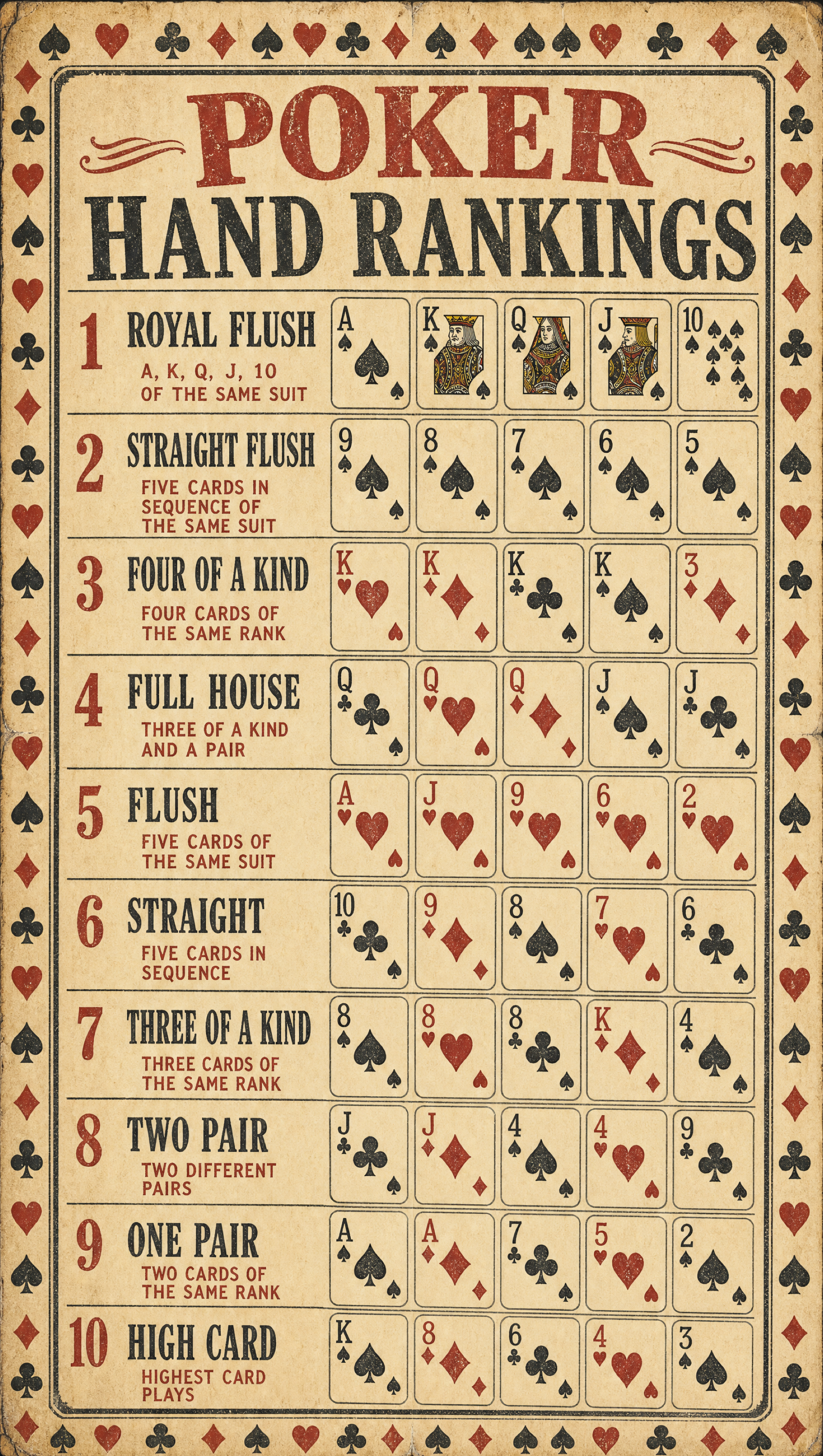 Poker Hands Order – Vintage Parchment | Printable Cheat Sheet